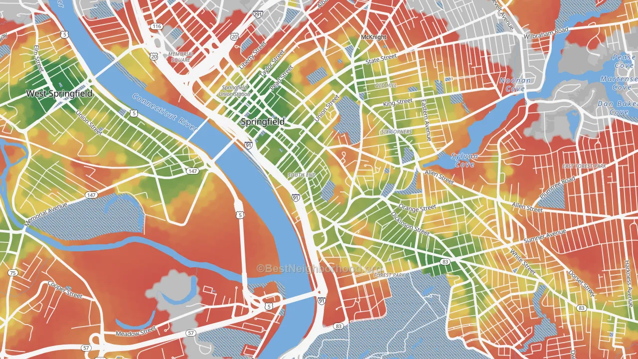 Walk Grade map of South End Springfield, Springfield, MA, walkable areas in green and car-dependent areas in red