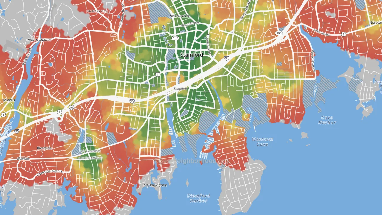 Walk Grade map of South End Stamford, Stamford, CT, walkable areas in green and car-dependent areas in red