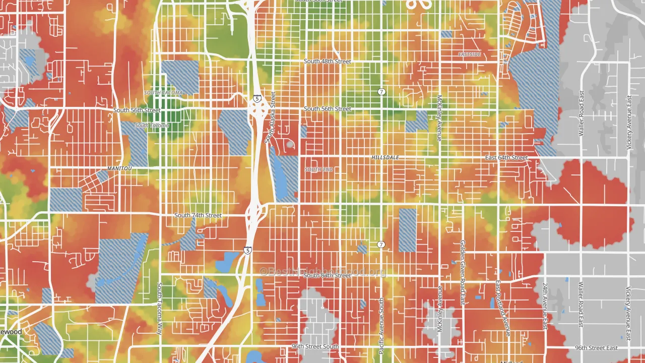 Walk Grade map of South End, Tacoma, WA, walkable areas in green and car-dependent areas in red