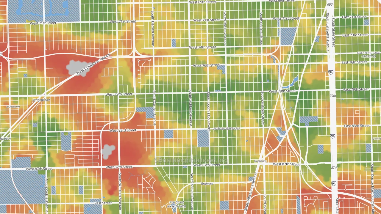 Walk Grade map of South Englewood, Chicago, IL, walkable areas in green and car-dependent areas in red