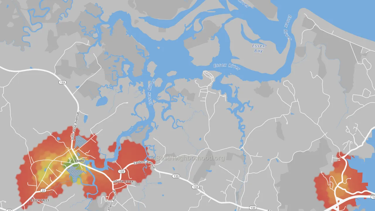 Walk Grade map of South Essex, MA, walkable areas in green and car-dependent areas in red