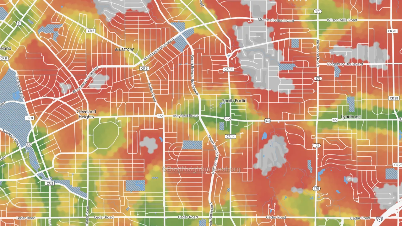 Walk Grade map of South Euclid, OH, walkable areas in green and car-dependent areas in red