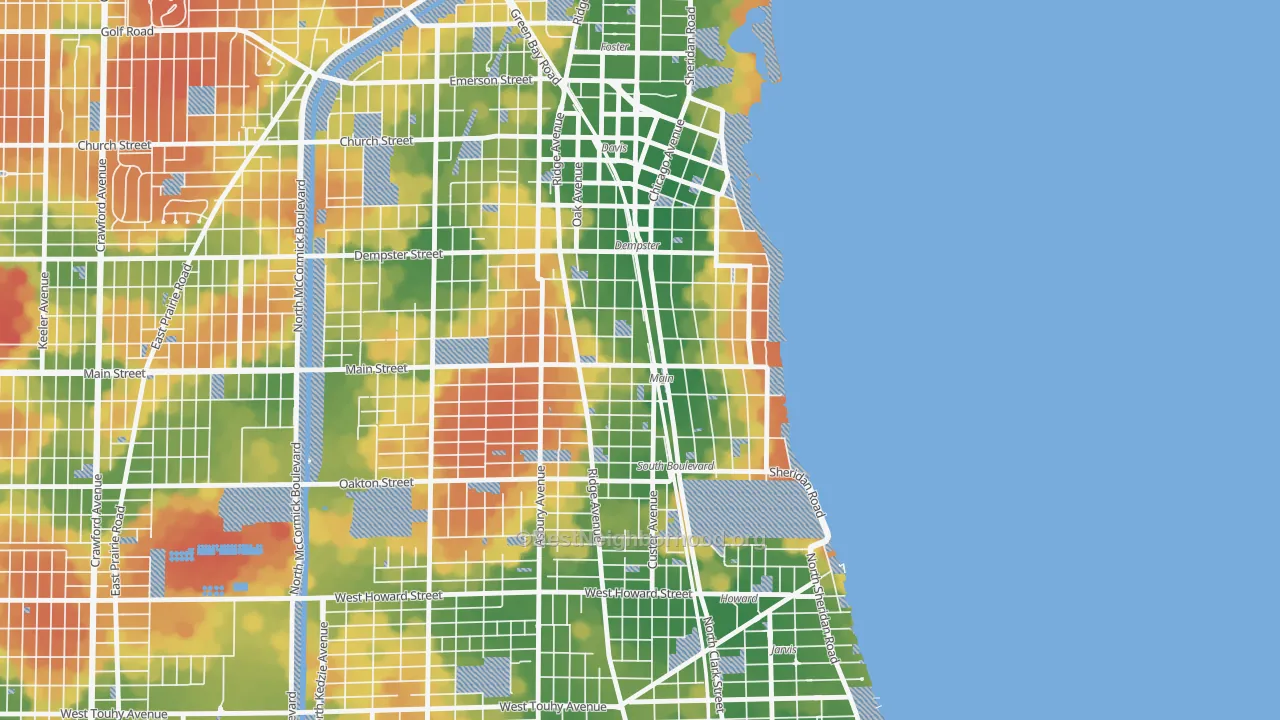 Walk Grade map of South Evanston, Evanston, IL, walkable areas in green and car-dependent areas in red