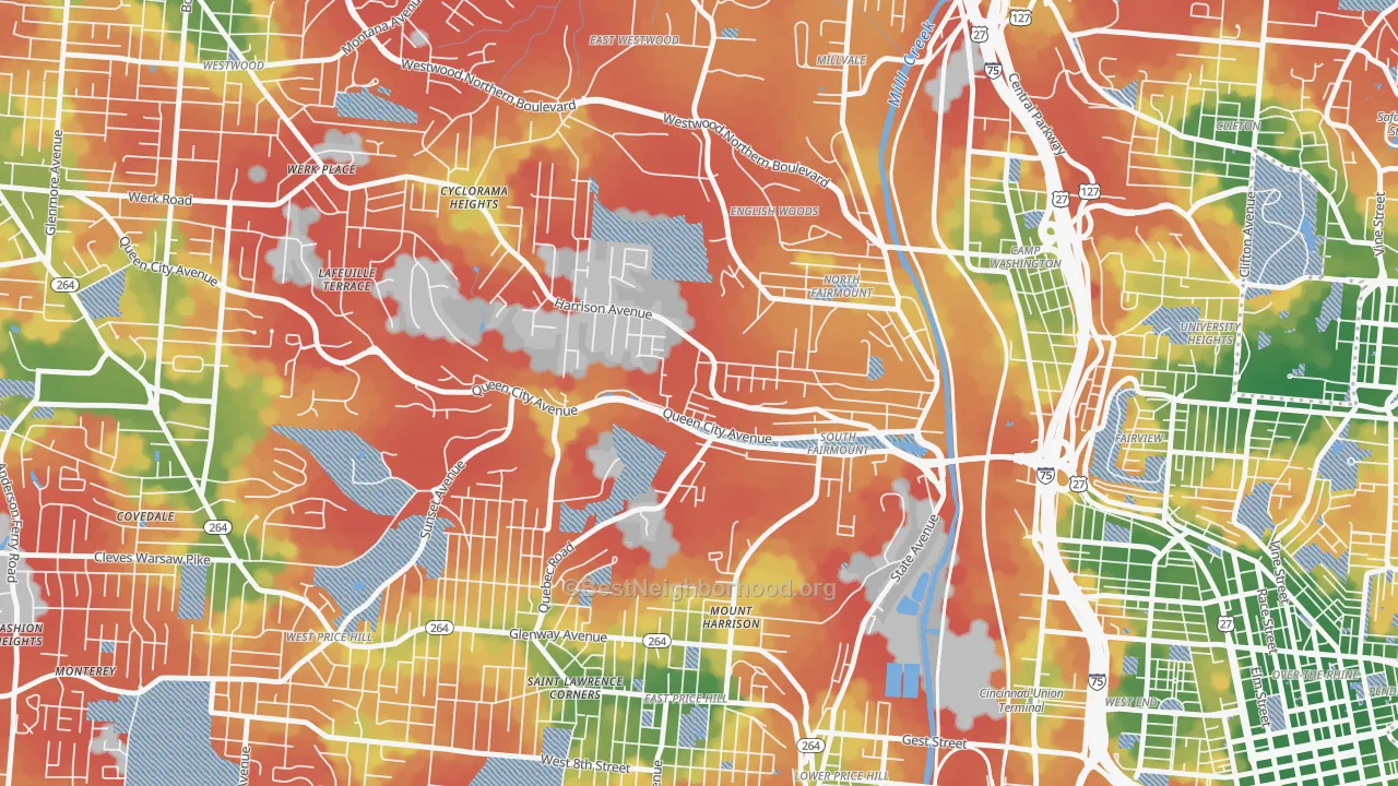 Walk Grade map of South Fairmount, Cincinnati, OH, walkable areas in green and car-dependent areas in red