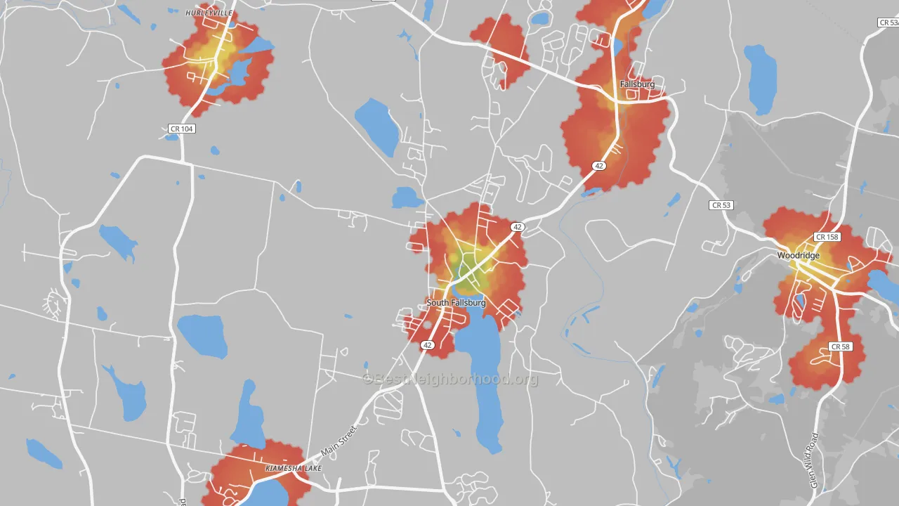 Walk Grade map of South Fallsburg, NY, walkable areas in green and car-dependent areas in red