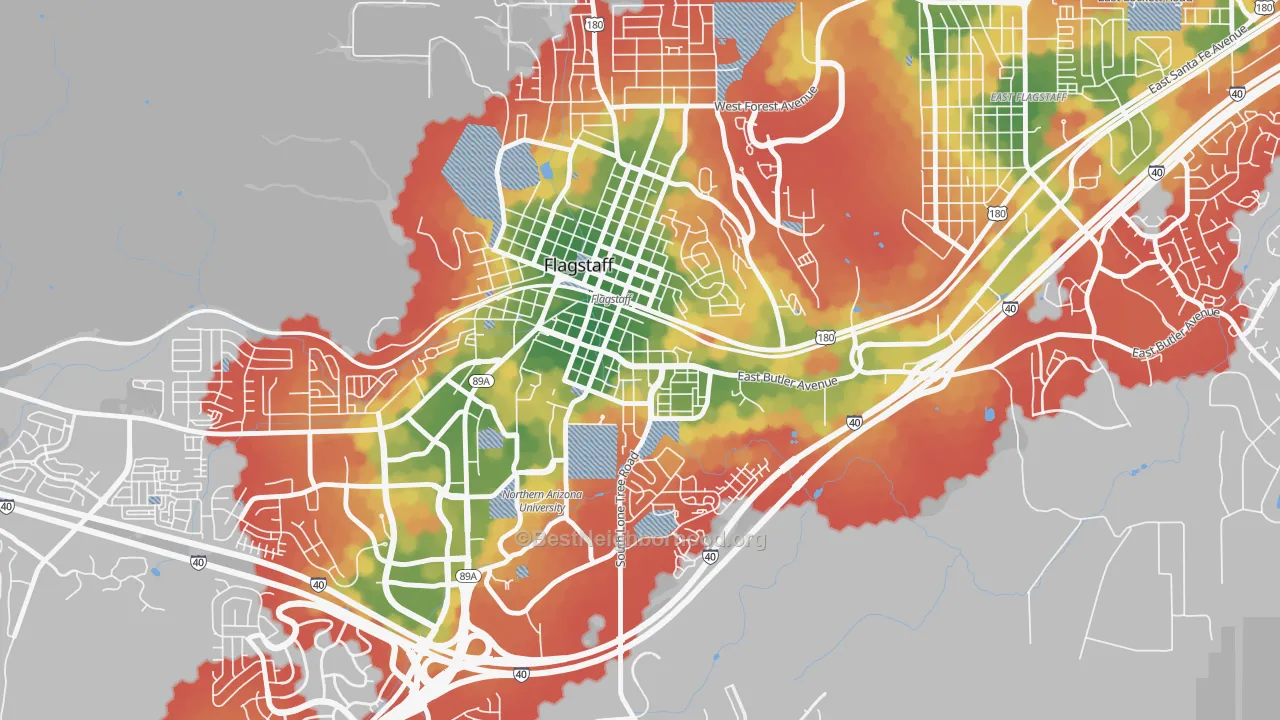 Walk Grade map of South Flagstaff, Flagstaff, AZ, walkable areas in green and car-dependent areas in red