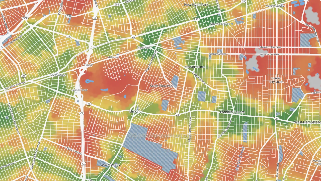 Walk Grade map of South Floral Park, NY, walkable areas in green and car-dependent areas in red