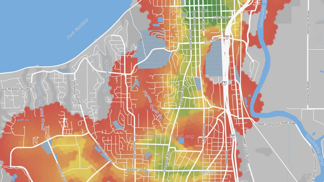 Walk Grade map of South Forest Park, Everett, WA, walkable areas in green and car-dependent areas in red