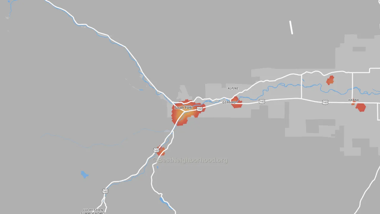 Walk Grade map of South Fork, CO, walkable areas in green and car-dependent areas in red