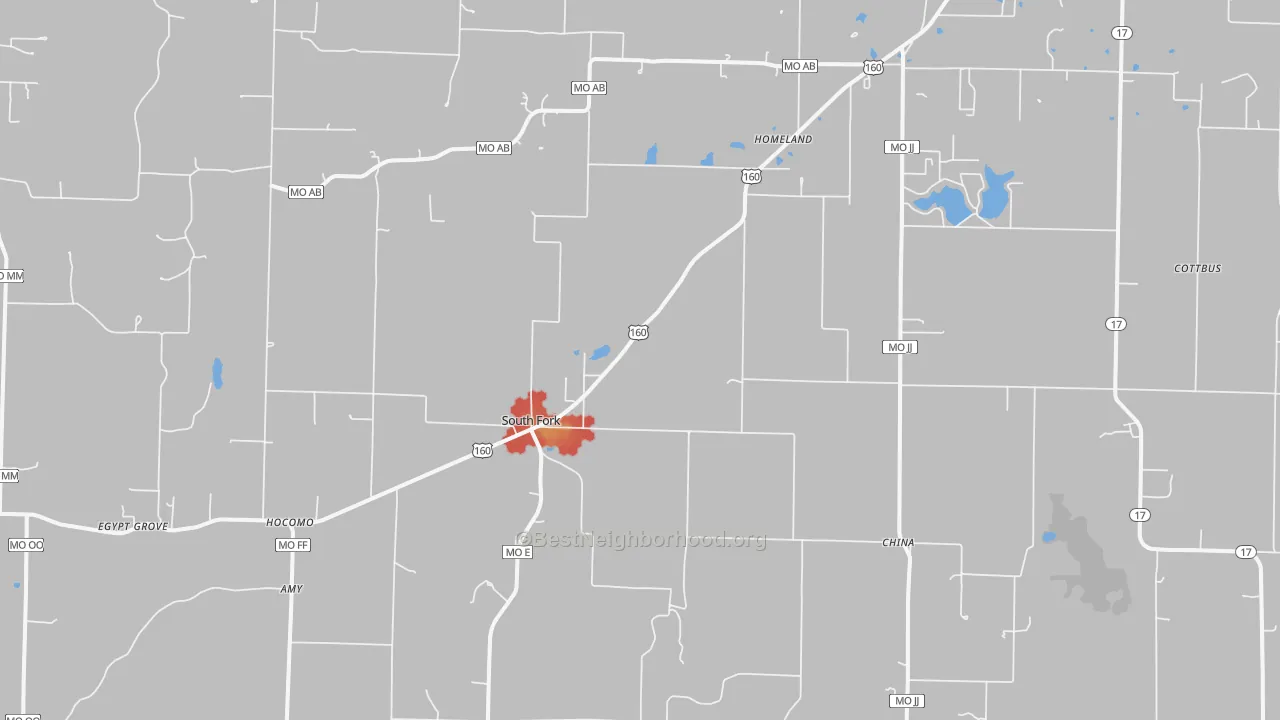 Walk Grade map of South Fork, MO, walkable areas in green and car-dependent areas in red