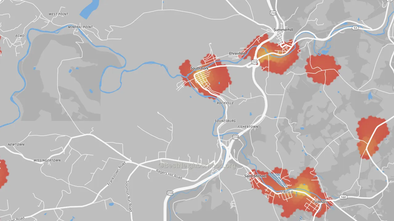 Walk Grade map of South Fork, PA, walkable areas in green and car-dependent areas in red