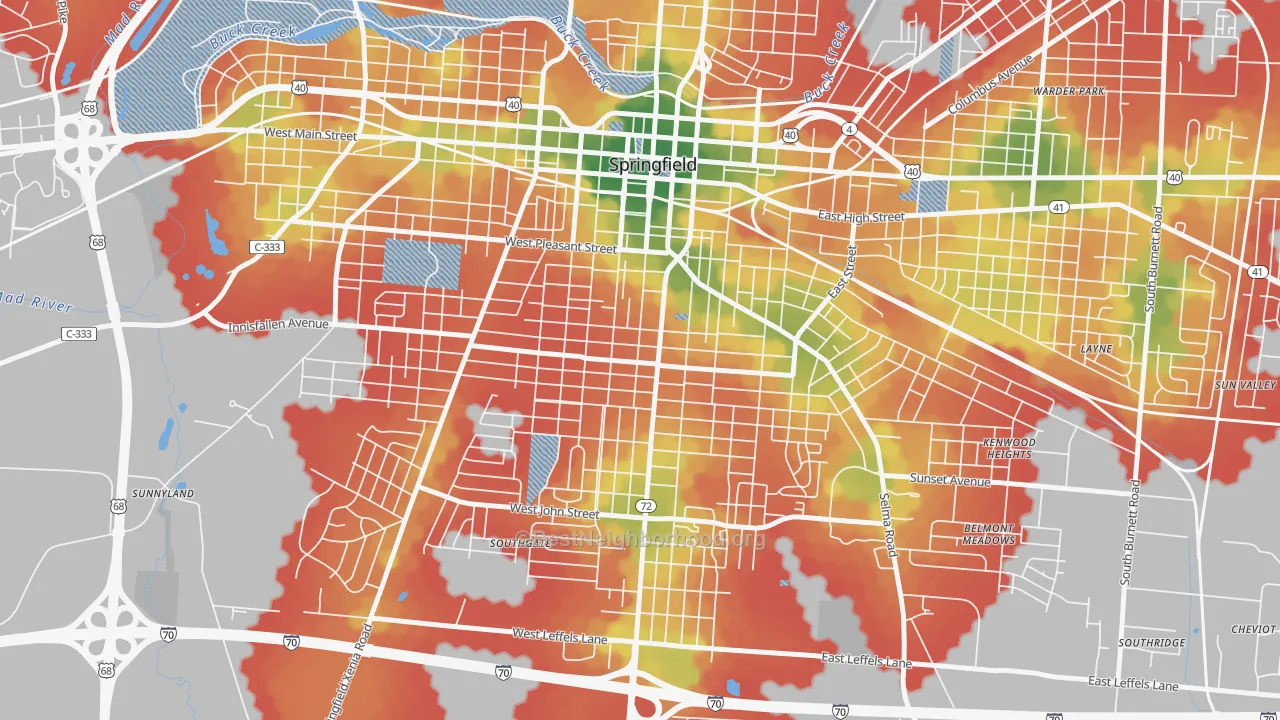 Walk Grade map of South Fountain Avenue Historic District, Springfield, OH, walkable areas in green and car-dependent areas in red