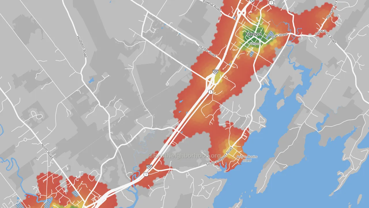 Walk Grade map of South Freeport, ME, walkable areas in green and car-dependent areas in red