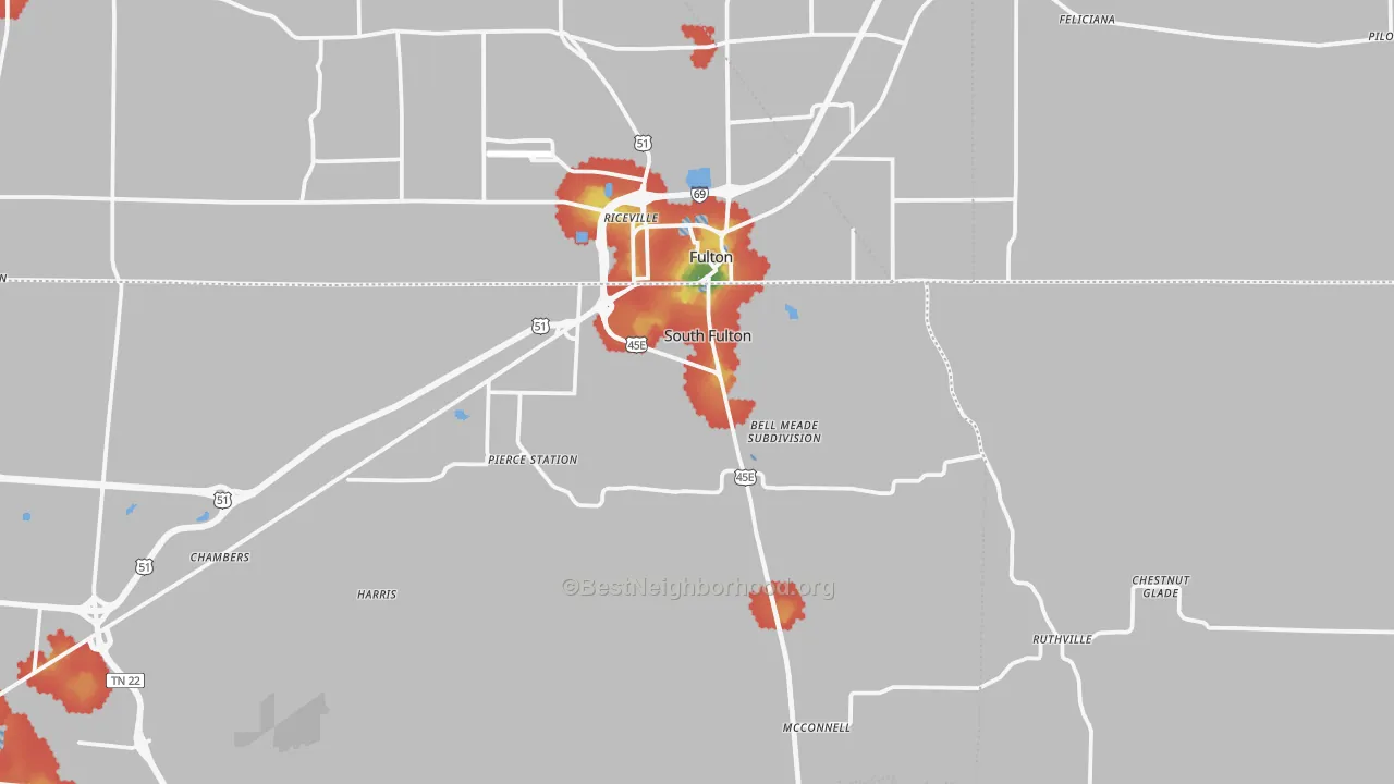 Walk Grade map of South Fulton, TN, walkable areas in green and car-dependent areas in red