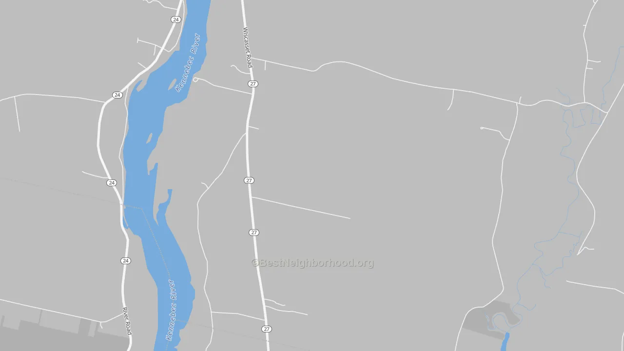 Walk Grade map of South Gardiner, ME, walkable areas in green and car-dependent areas in red