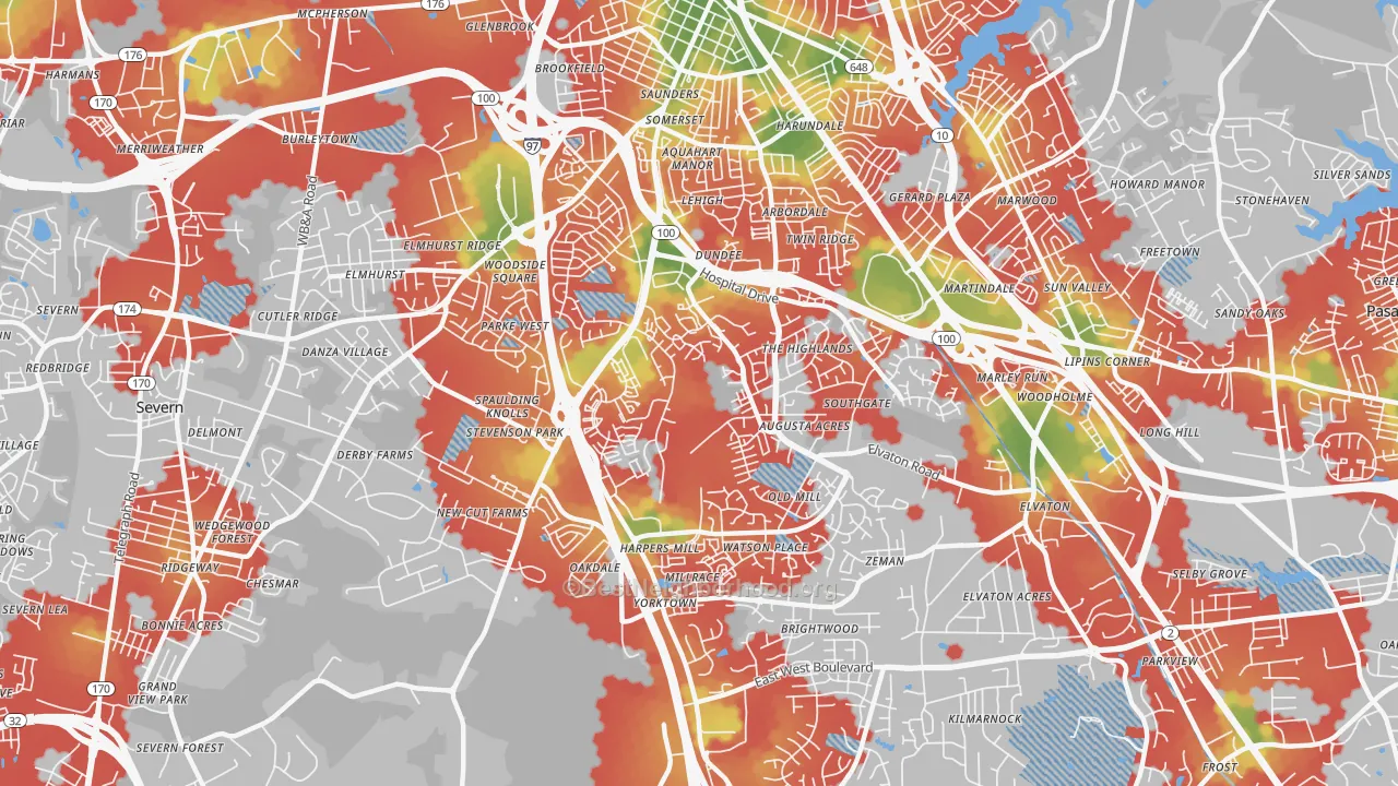 Walk Grade map of South Gate, Glen Burnie, MD, walkable areas in green and car-dependent areas in red