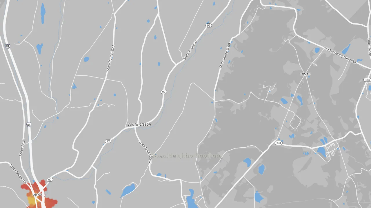 Walk Grade map of South Gibson, PA, walkable areas in green and car-dependent areas in red