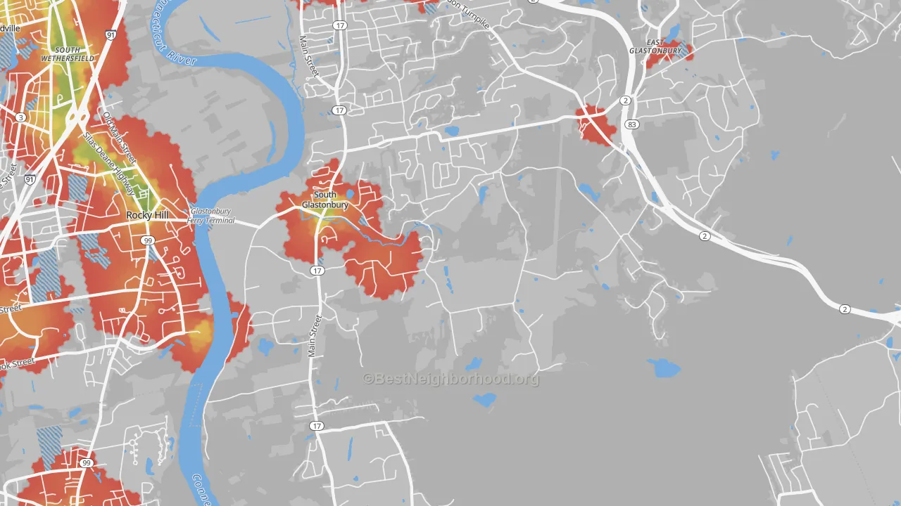 Walk Grade map of South Glastonbury, CT, walkable areas in green and car-dependent areas in red