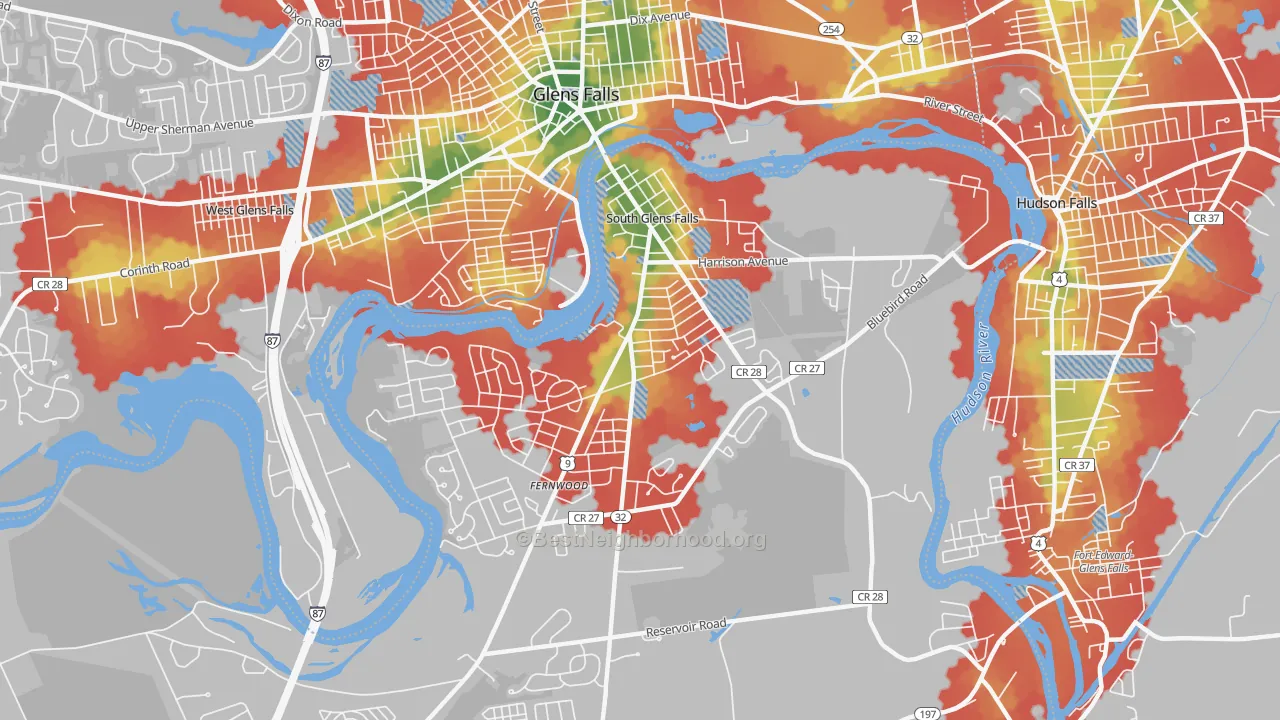 Walk Grade map of South Glens Falls, NY, walkable areas in green and car-dependent areas in red