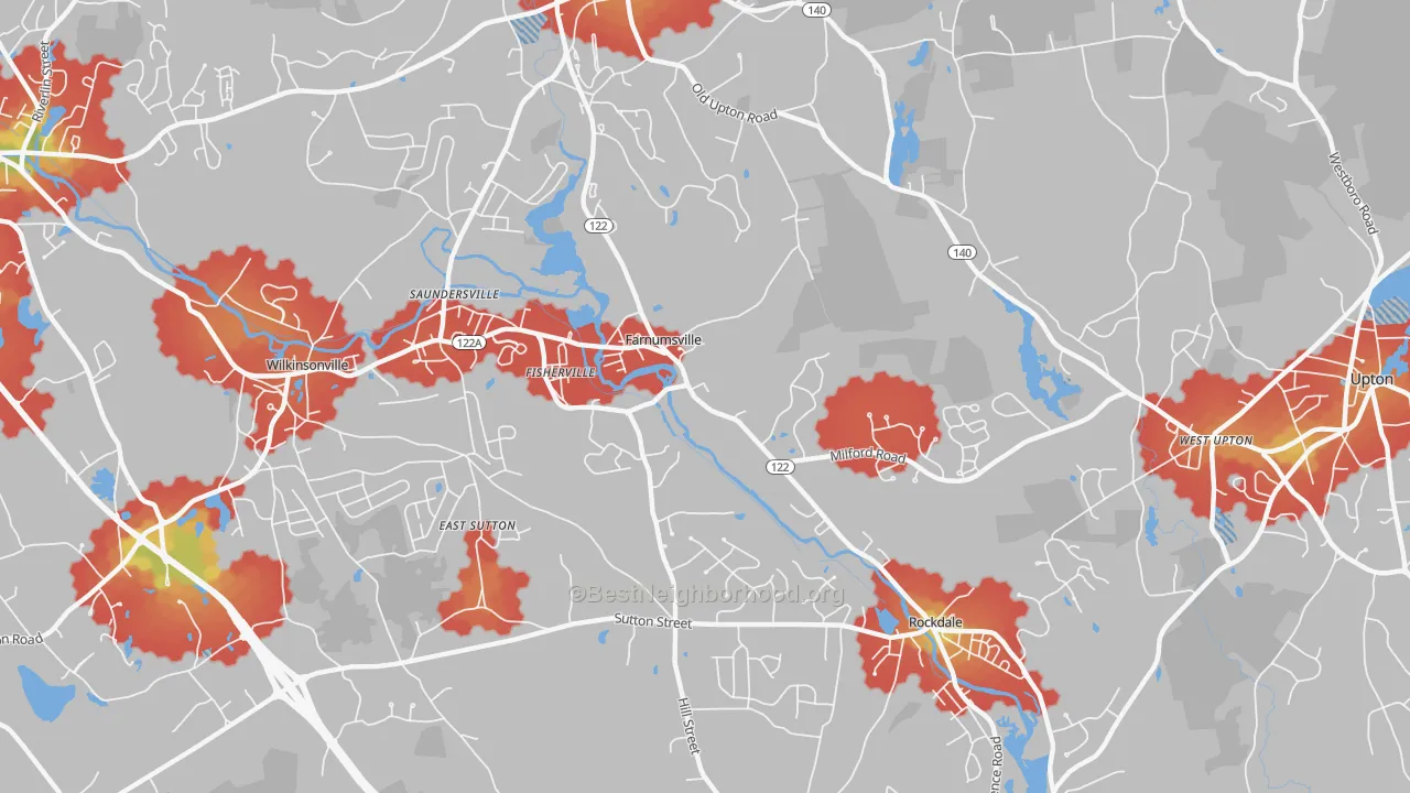 Walk Grade map of South Grafton, MA, walkable areas in green and car-dependent areas in red