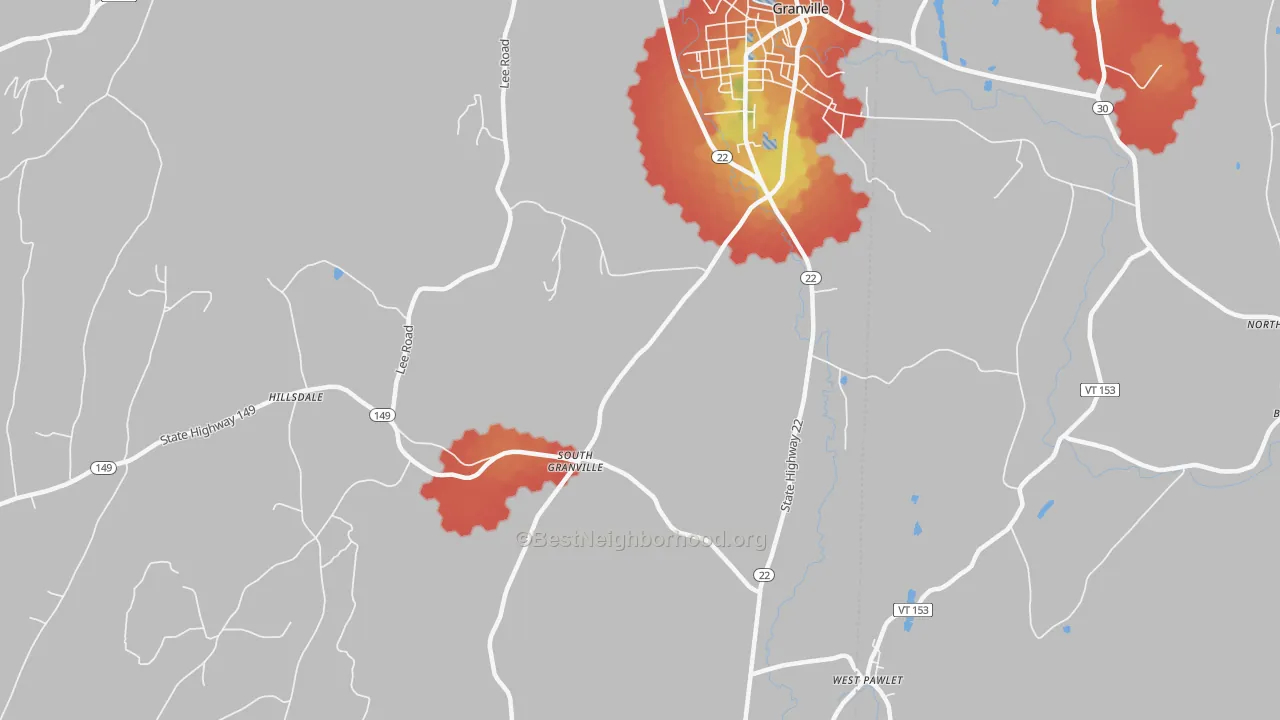 Walk Grade map of South Granville, NY, walkable areas in green and car-dependent areas in red