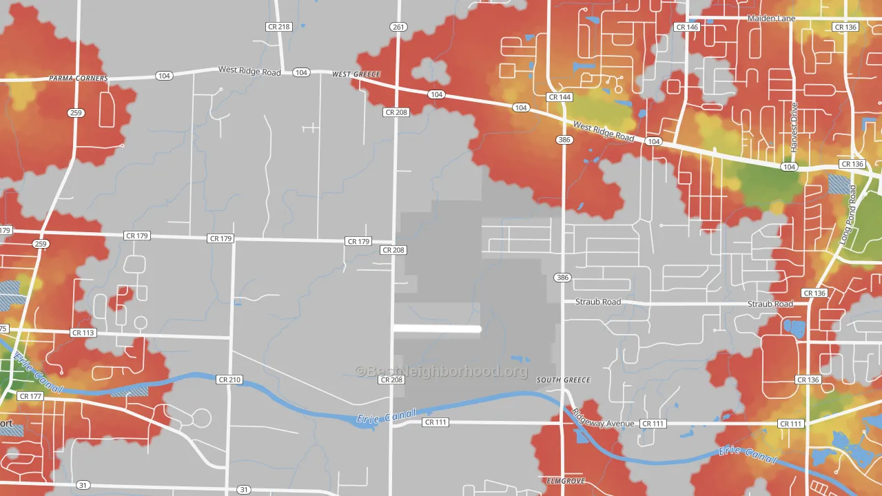 Walk Grade map of South Greece, NY, walkable areas in green and car-dependent areas in red