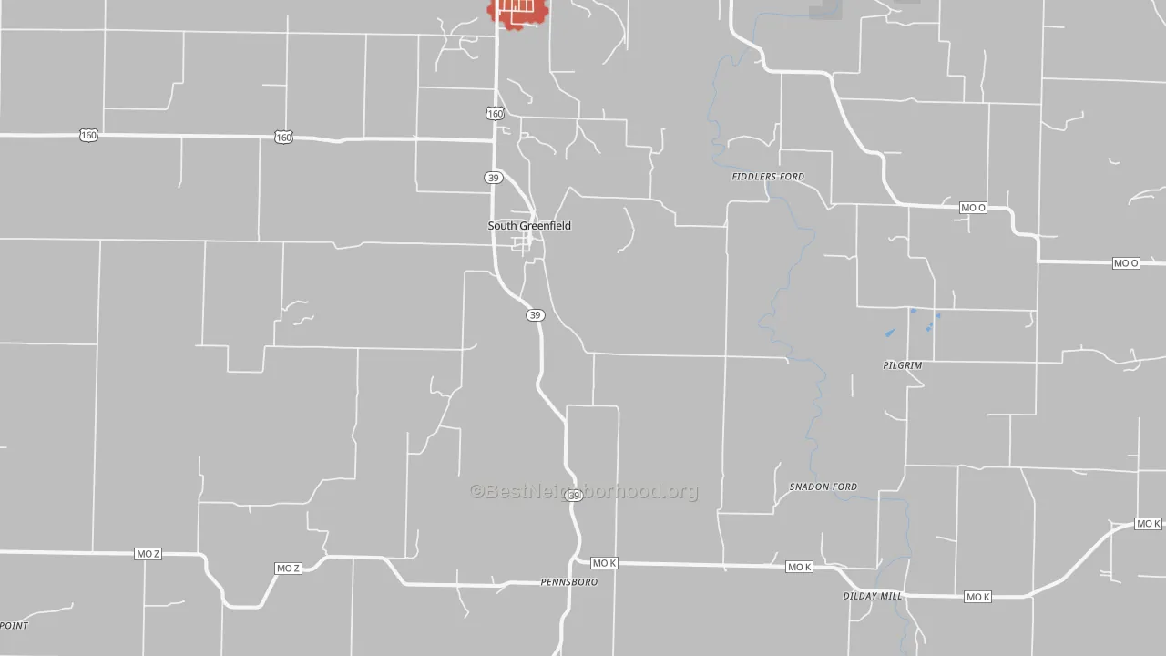 Walk Grade map of South Greenfield, MO, walkable areas in green and car-dependent areas in red