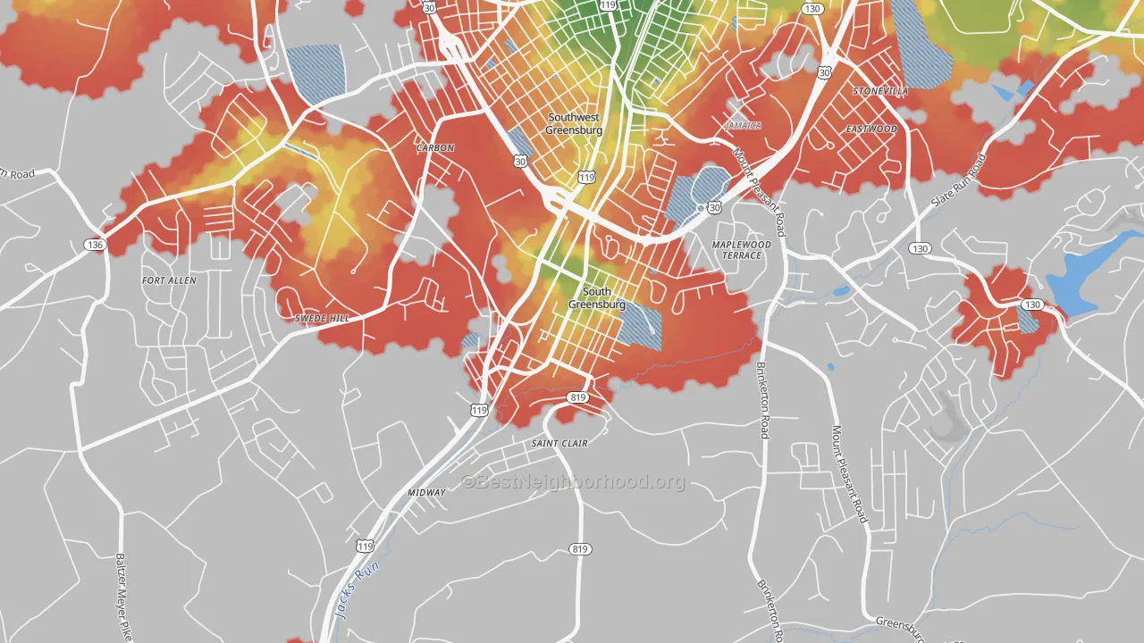 Walk Grade map of South Greensburg, PA, walkable areas in green and car-dependent areas in red