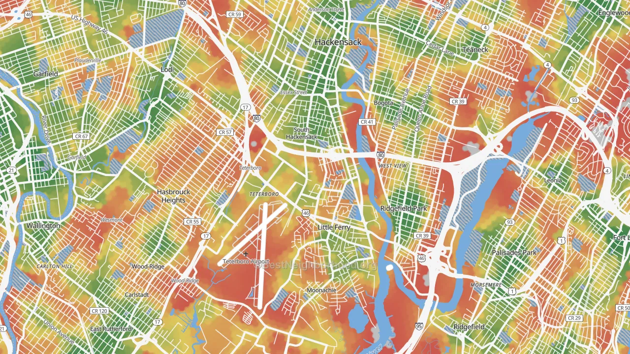 Walk Grade map of South Hackensack, NJ, walkable areas in green and car-dependent areas in red