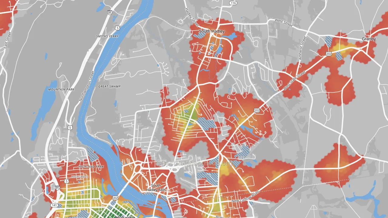 Walk Grade map of South Hadley, MA, walkable areas in green and car-dependent areas in red