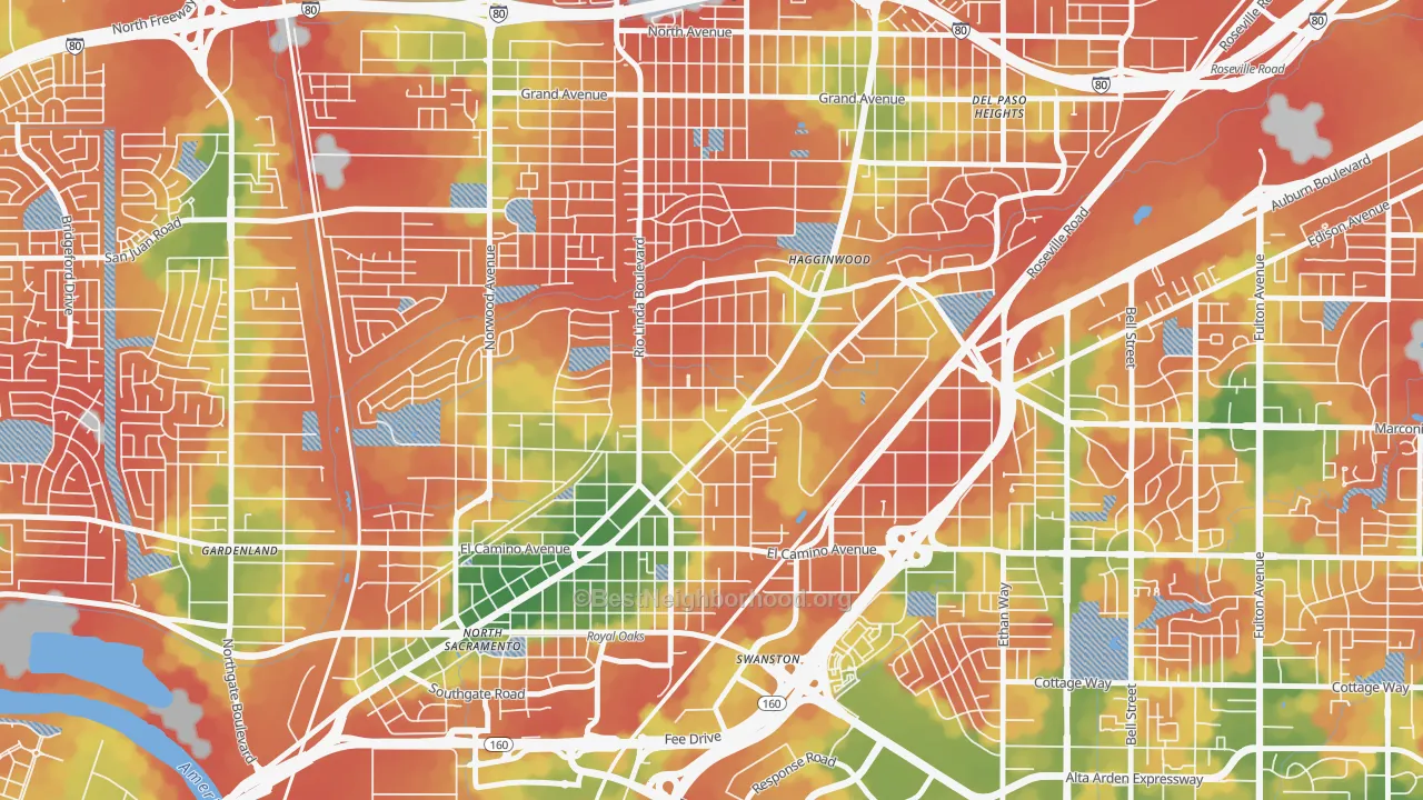 Walk Grade map of South Hagginwood, Sacramento, CA, walkable areas in green and car-dependent areas in red
