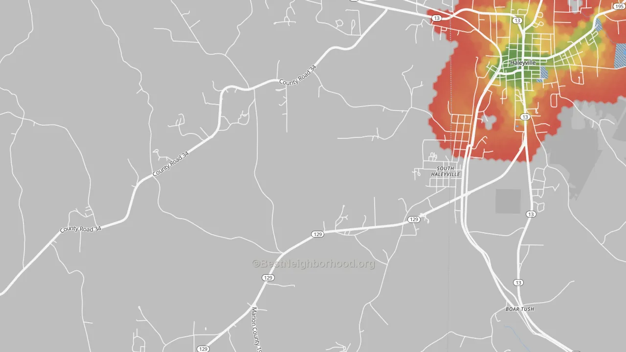 Walk Grade map of South Haleyville, AL, walkable areas in green and car-dependent areas in red