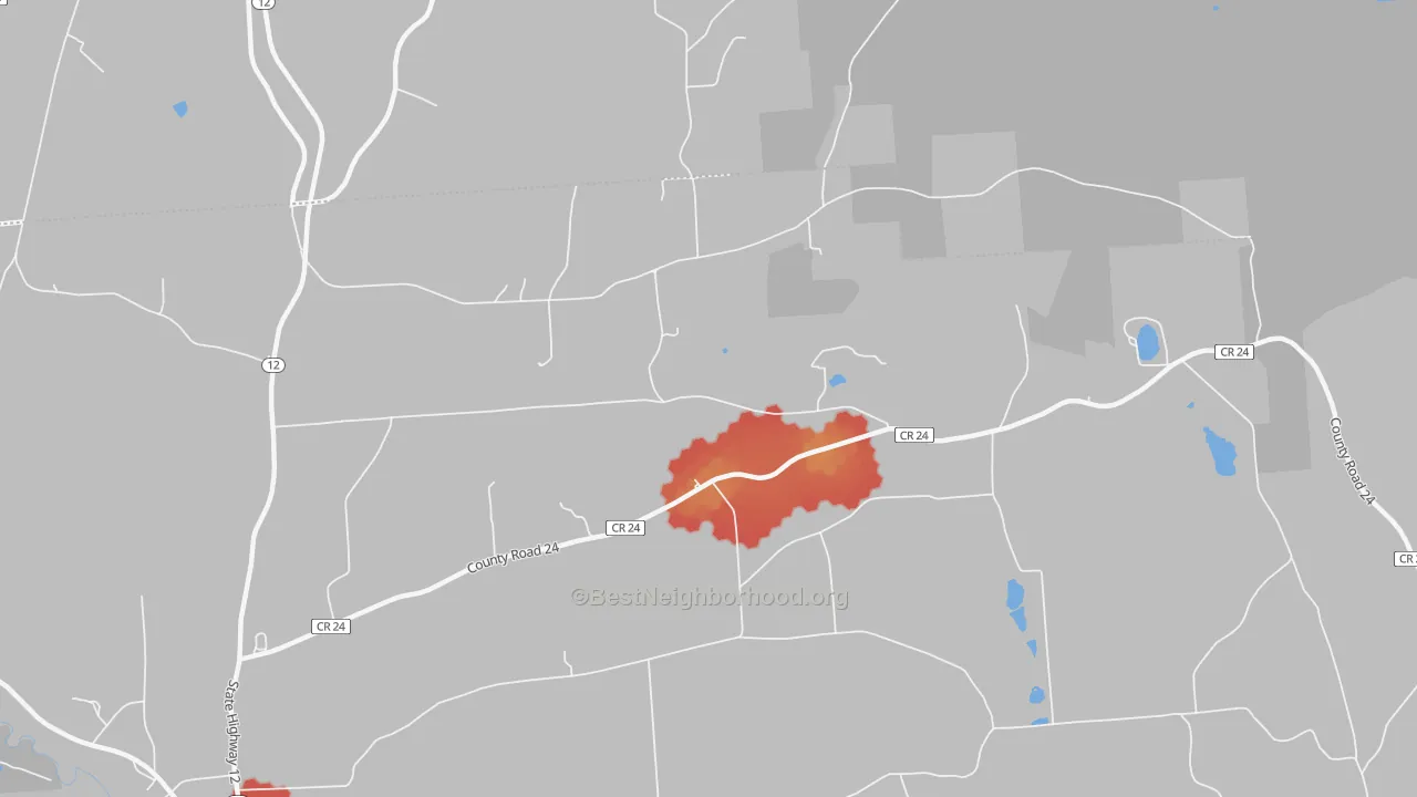 Walk Grade map of South Hamilton, NY, walkable areas in green and car-dependent areas in red