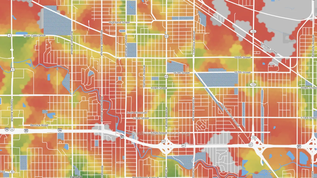 Walk Grade map of South Hammond, Hammond, IN, walkable areas in green and car-dependent areas in red