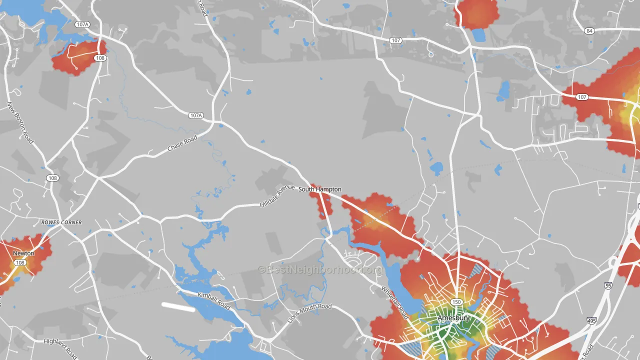 Walk Grade map of South Hampton, NH, walkable areas in green and car-dependent areas in red