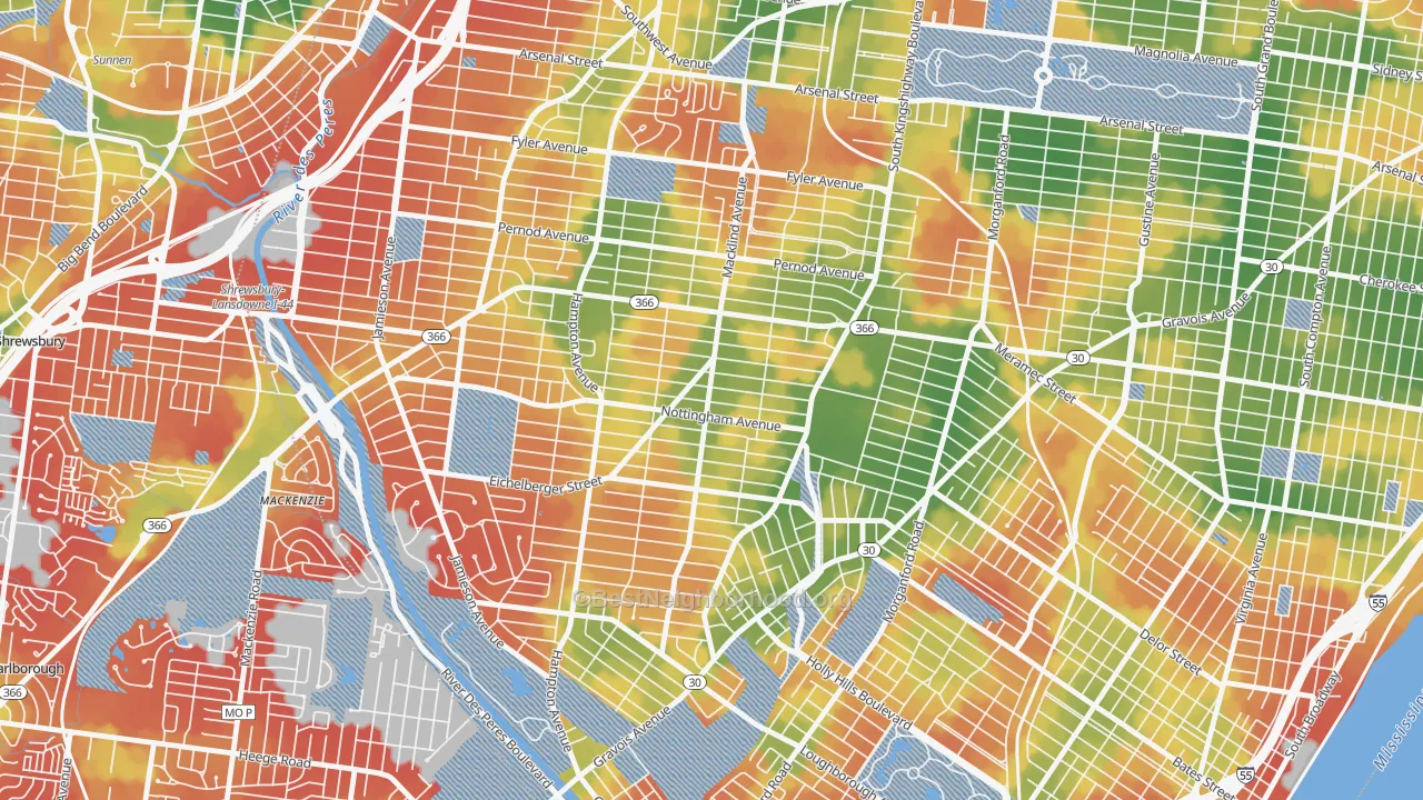 Walk Grade map of South Hampton, St. Louis, MO, walkable areas in green and car-dependent areas in red