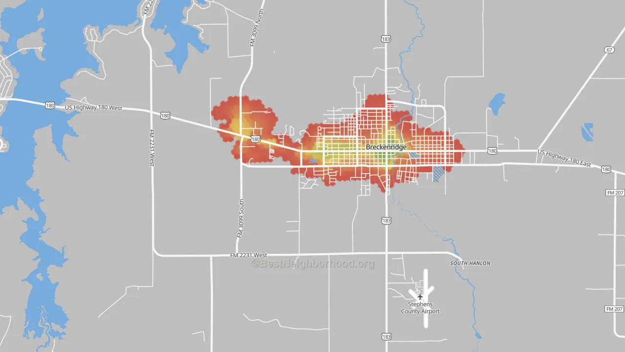 Walk Grade map of South Hanlon, TX, walkable areas in green and car-dependent areas in red