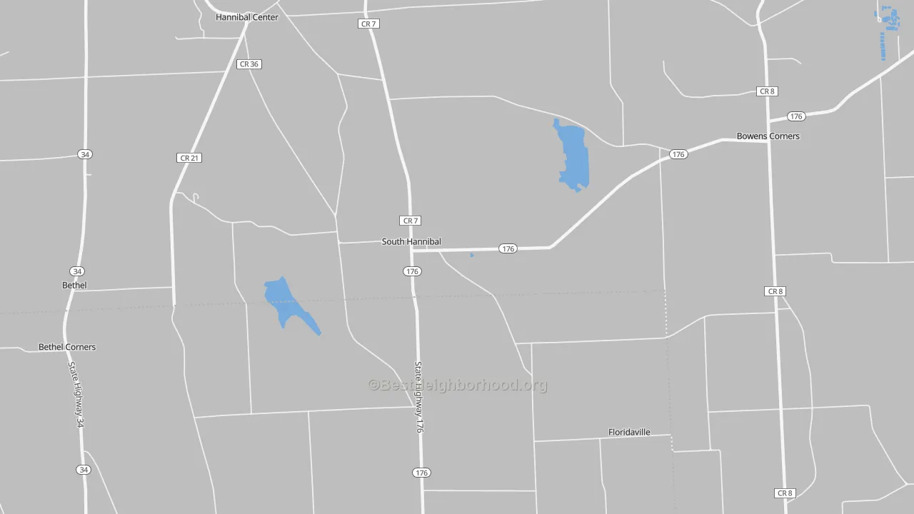 Walk Grade map of South Hannibal, NY, walkable areas in green and car-dependent areas in red