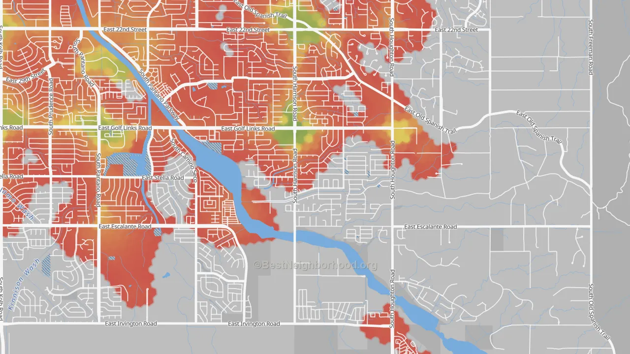 Walk Grade map of South Harrison, Tucson, AZ, walkable areas in green and car-dependent areas in red