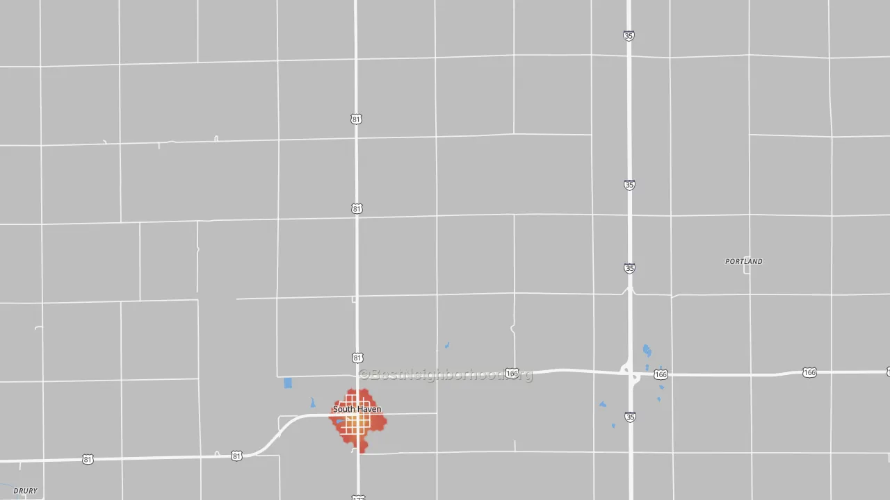 Walk Grade map of South Haven, KS, walkable areas in green and car-dependent areas in red