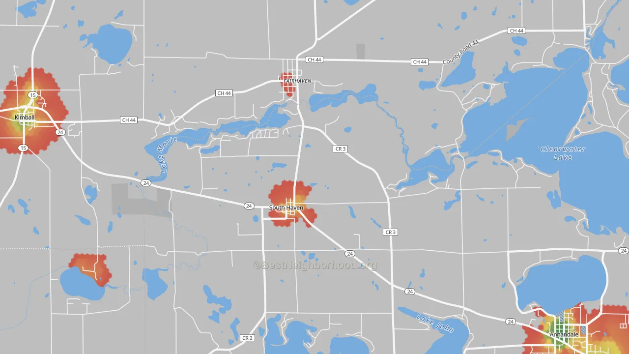 Walk Grade map of South Haven, MN, walkable areas in green and car-dependent areas in red