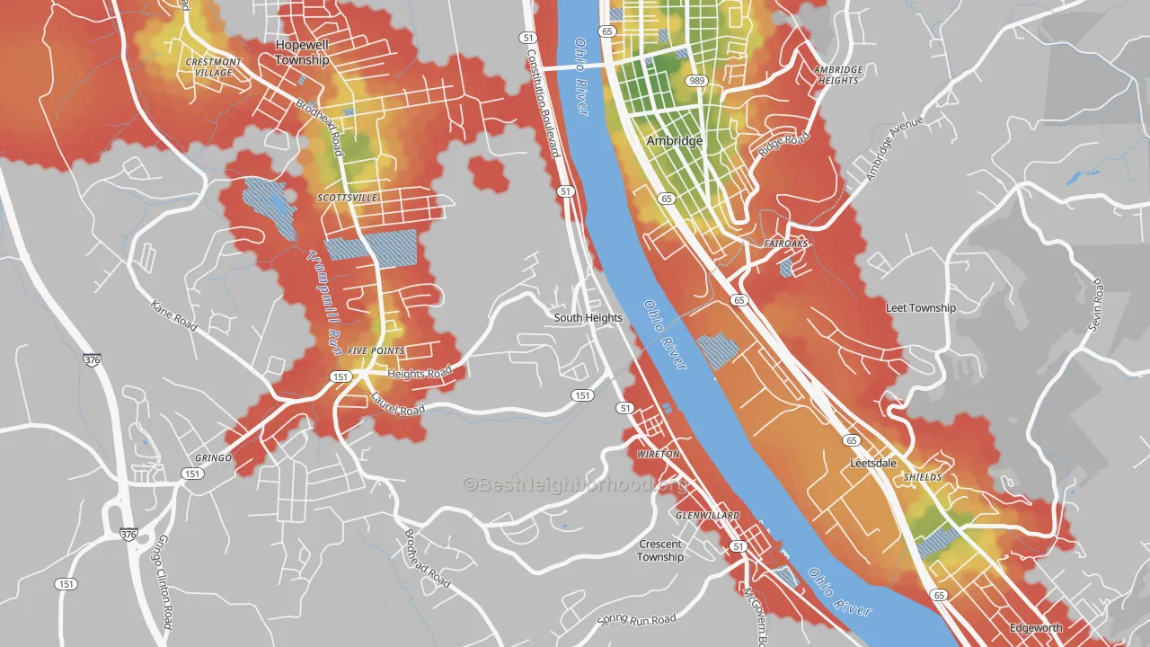 Walk Grade map of South Heights, PA, walkable areas in green and car-dependent areas in red