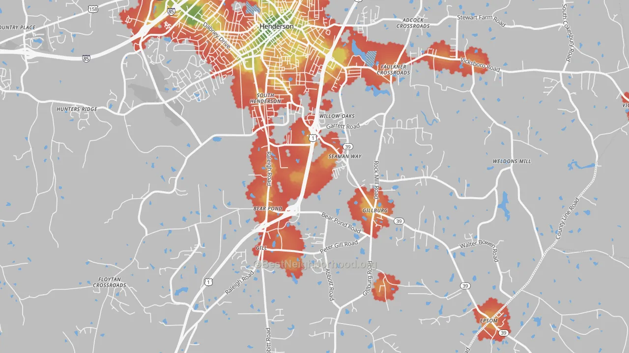Walk Grade map of South Henderson, NC, walkable areas in green and car-dependent areas in red