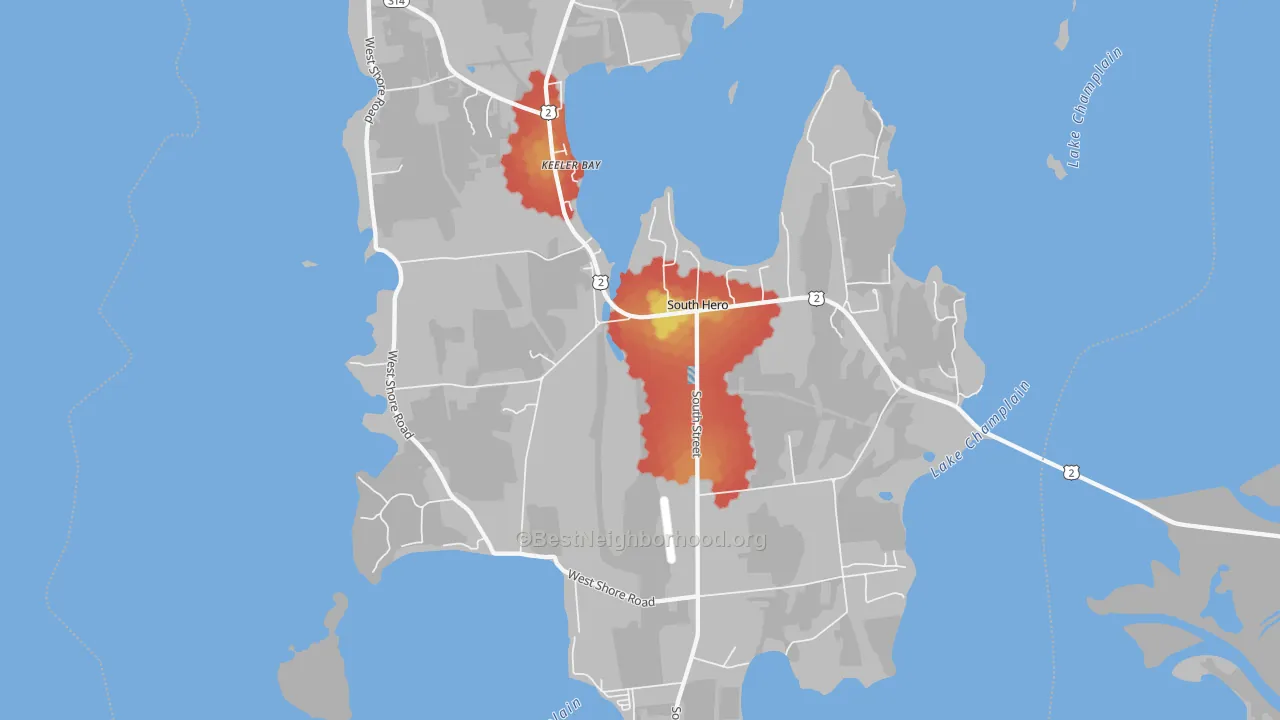 Walk Grade map of South Hero, VT, walkable areas in green and car-dependent areas in red