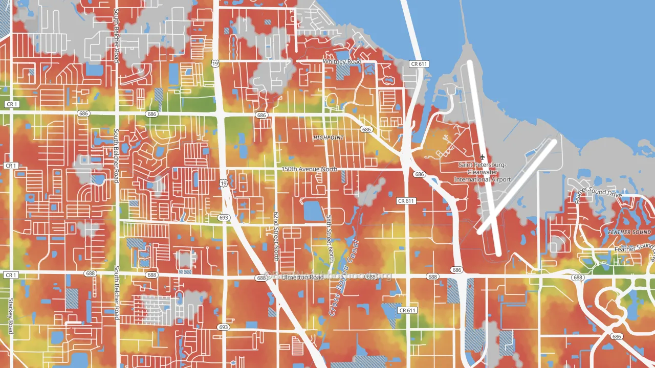 Walk Grade map of South Highpoint, FL, walkable areas in green and car-dependent areas in red