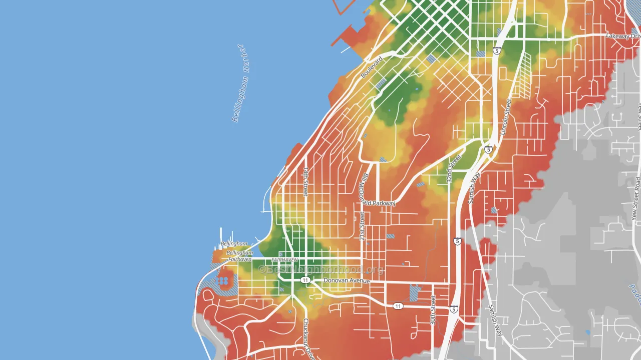Walk Grade map of South Hill, Bellingham, WA, walkable areas in green and car-dependent areas in red