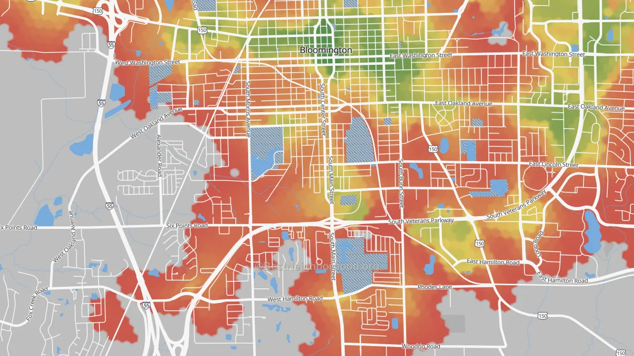 Walk Grade map of South Hill, Bloomington, IL, walkable areas in green and car-dependent areas in red