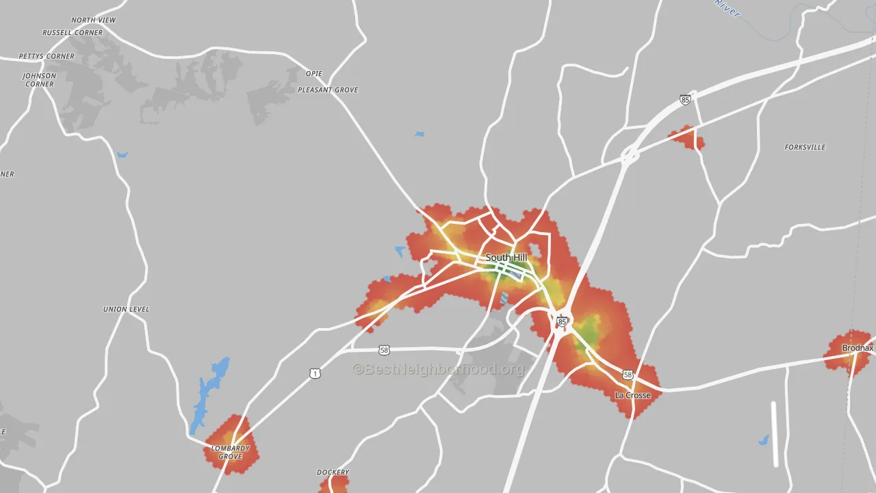 Walk Grade map of South Hill, VA, walkable areas in green and car-dependent areas in red