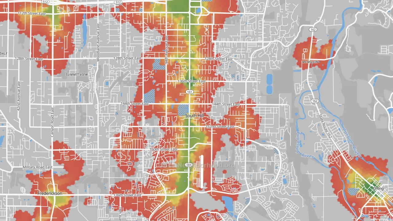 Walk Grade map of South Hill, WA, walkable areas in green and car-dependent areas in red
