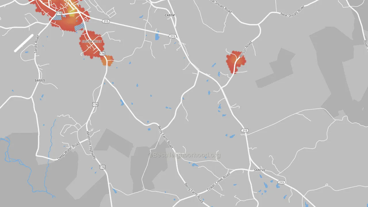Walk Grade map of South Hills, SC, walkable areas in green and car-dependent areas in red